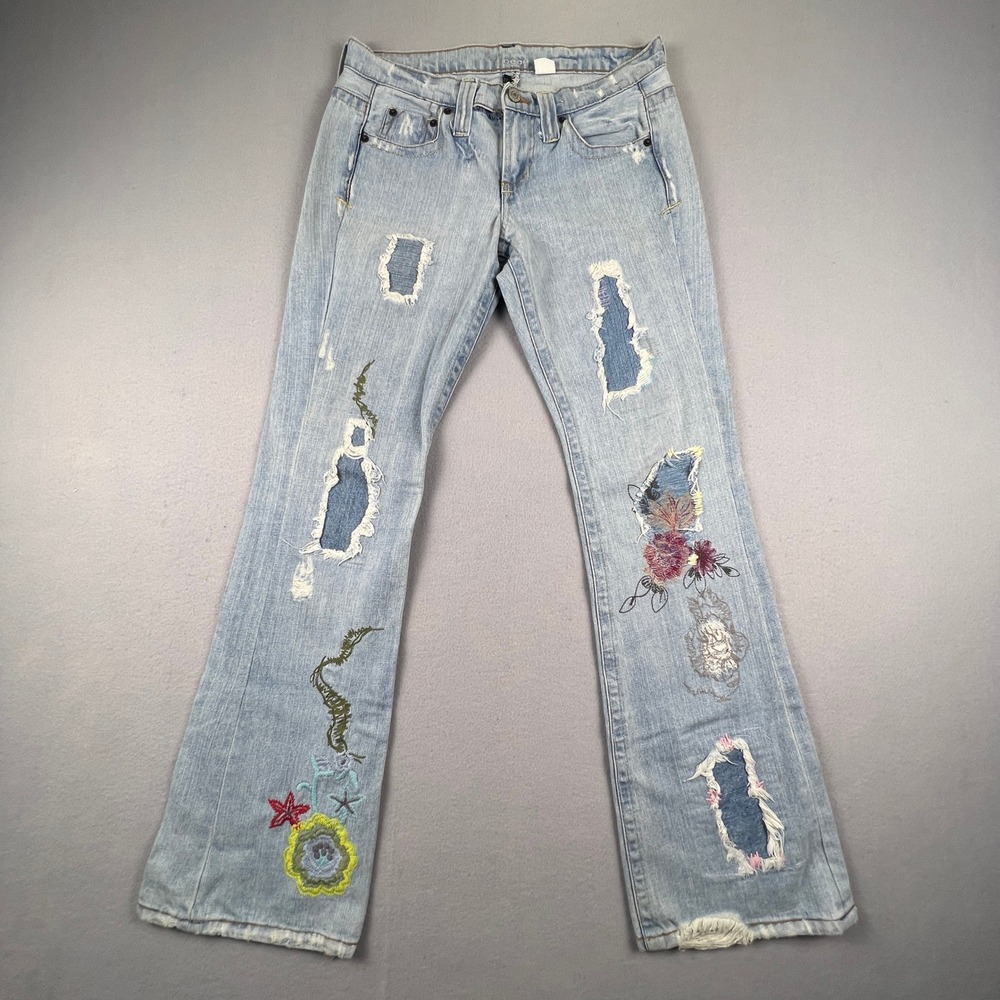 VTG Y2K Bebe Flare Jeans Womens 27 Embroidered Distressed Patchwork Boho